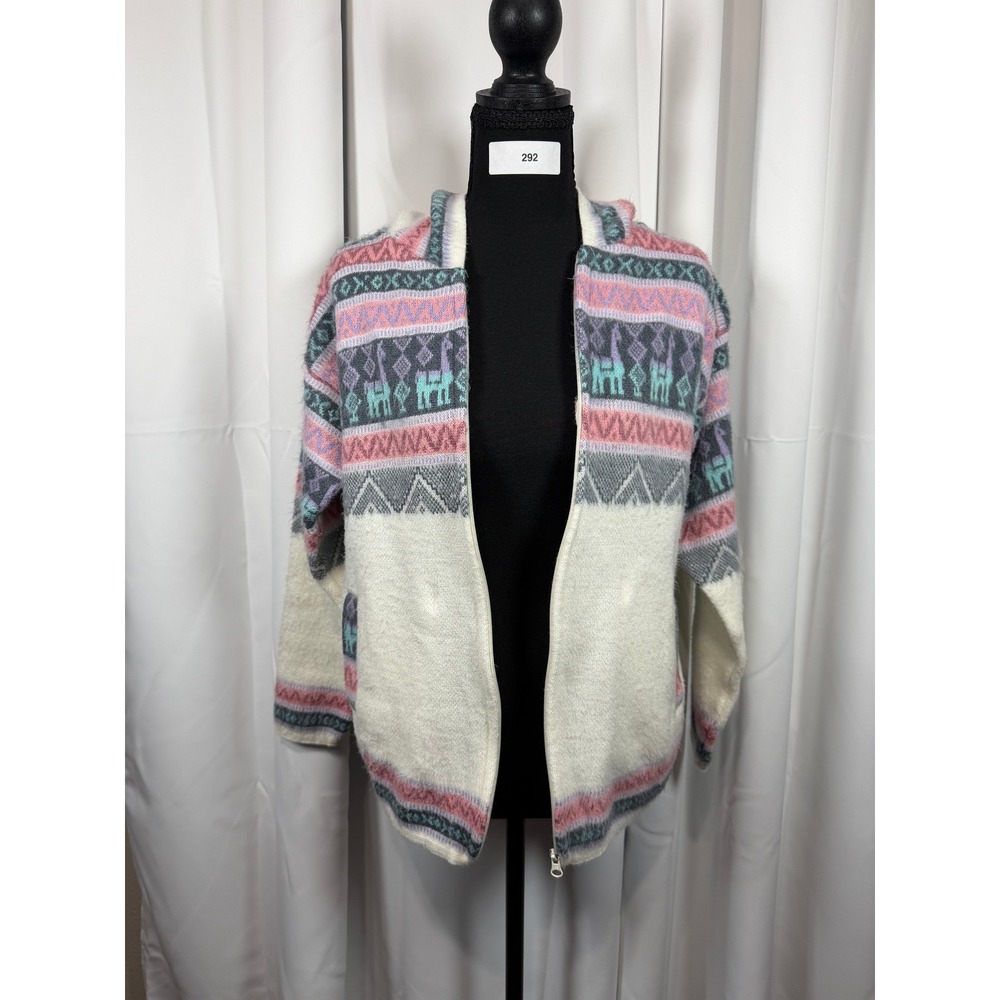 AlpacaWorld Llama Fair Isle Zip Up Hooded Cardigan Sweater Cream Pink Medium